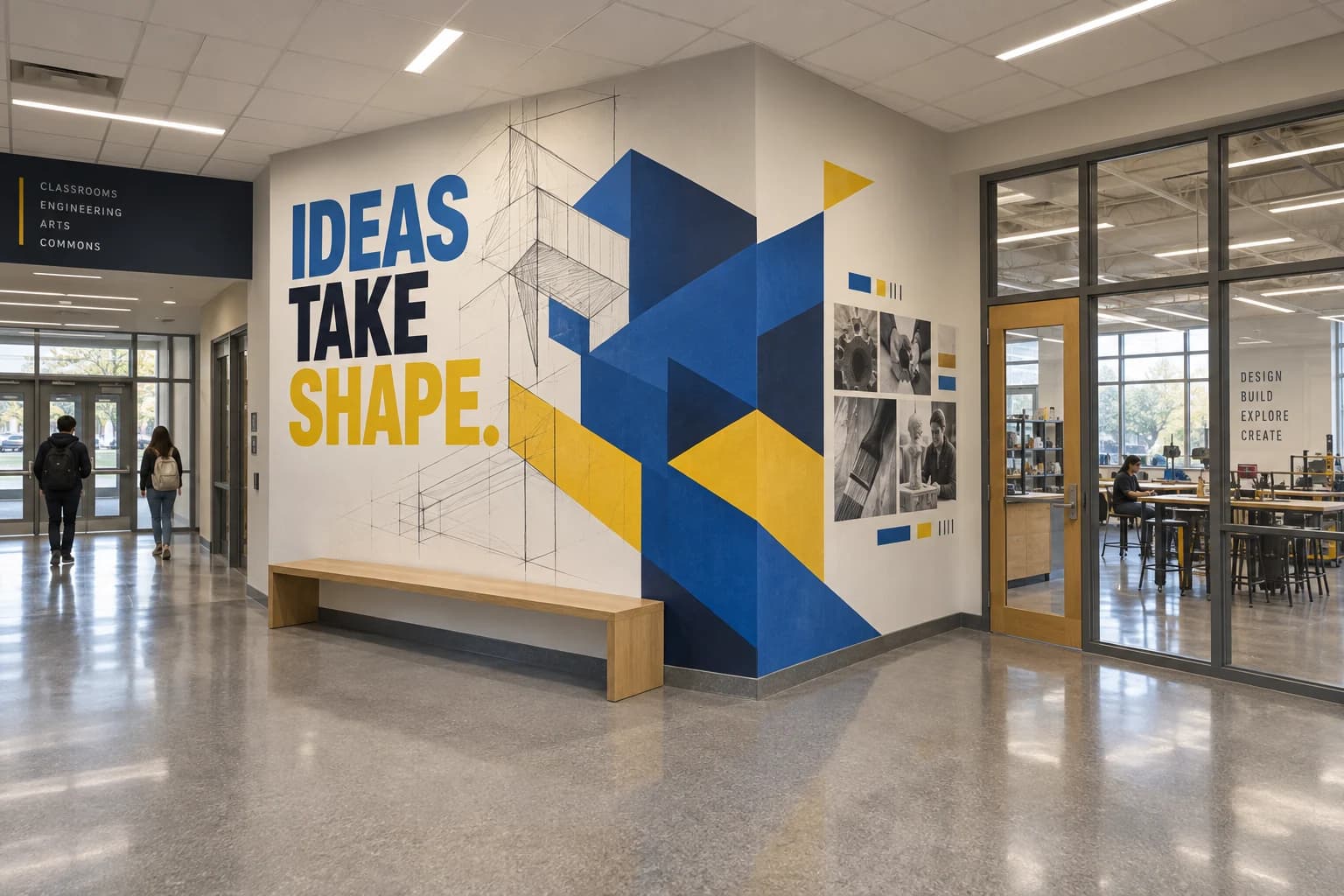 Fictional engineering and arts commons with Ideas Take Shape lettering and a sketch-to-form graphic wrapping the wall return.