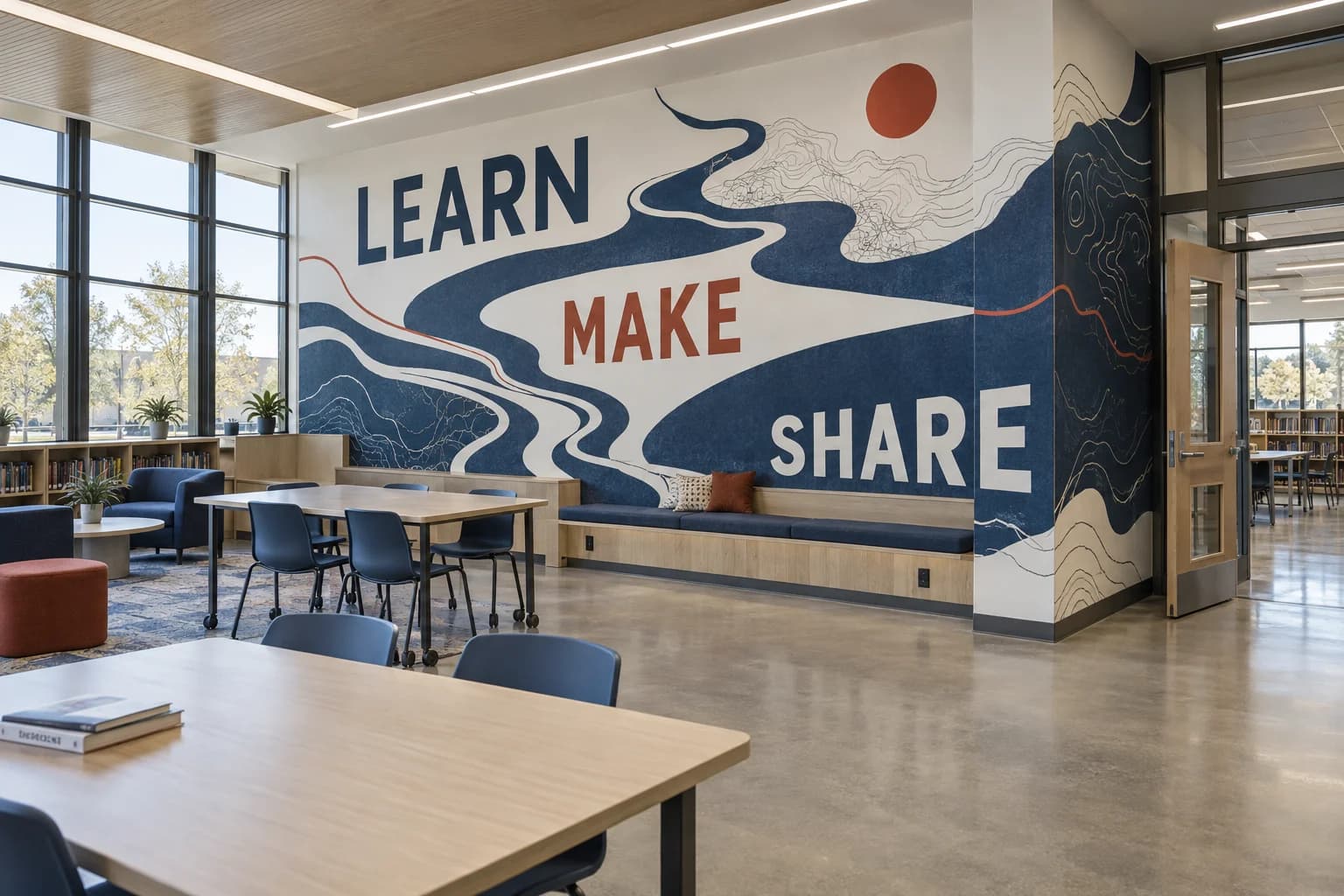 Concept of a school commons with an indigo river motif following a wall return, Learn, Make and Share typography, and a bench for scale.