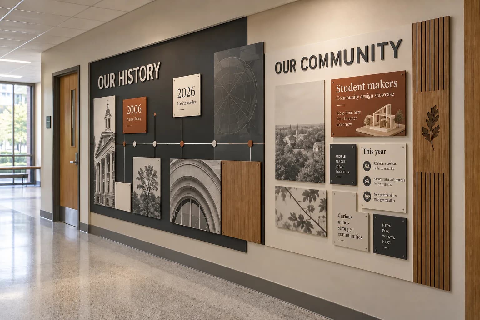 Fictional school history and recognition concept: dated milestones beside a student-makers showcase and separate panels for this year's achievements.